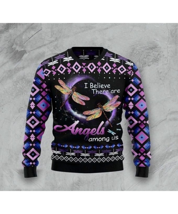 Dragonfly I Believe There Are Angels Among Us Christmas Sweater