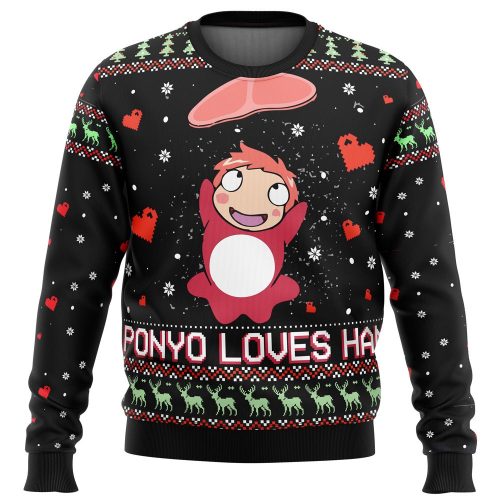 Ghibli Ponyo Loves Ham Ugly Christmas Sweater - Festive Anime-Inspired Apparel