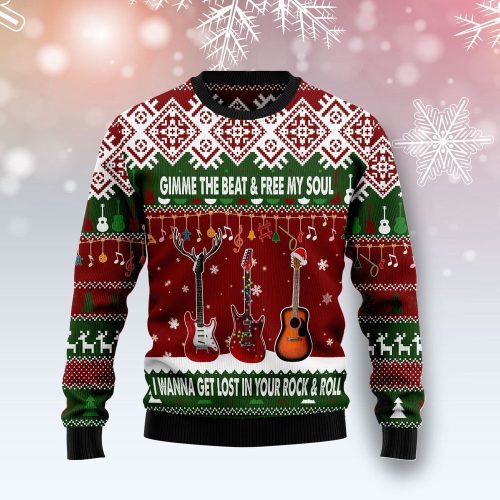 Guitar Gimme The Beat Christmas Unisex Crewneck Sweater – Ugly Christmas Graphic Sweater