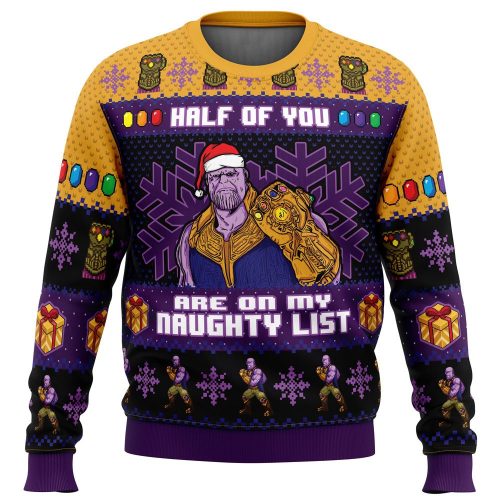 Naughty List Thanos Marvel Ugly Christmas Sweater: Embrace the Festive Fun with Half of You!