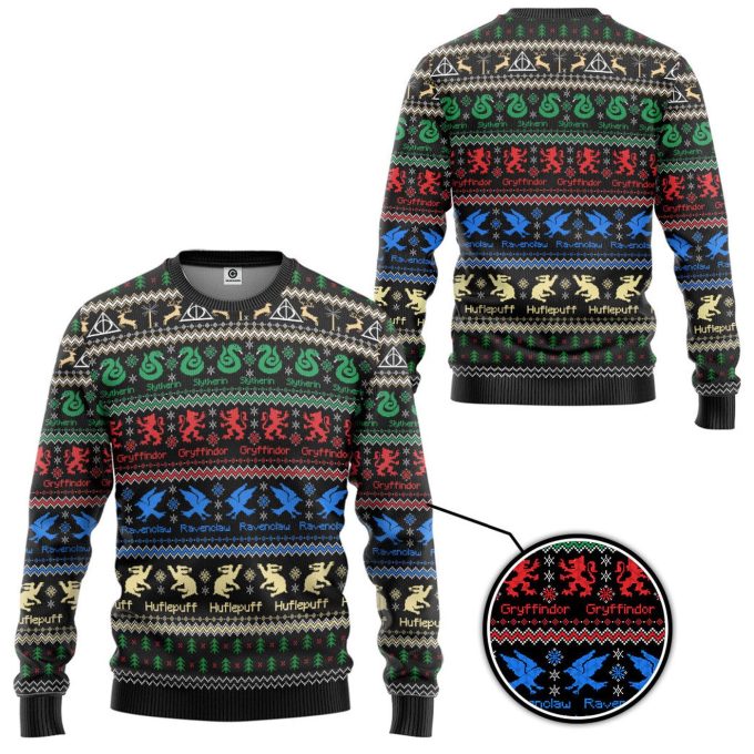 Harry Potter The Movie Hogwarts House Crest Holiday Ugly Christmas Custom Ugly Sweater