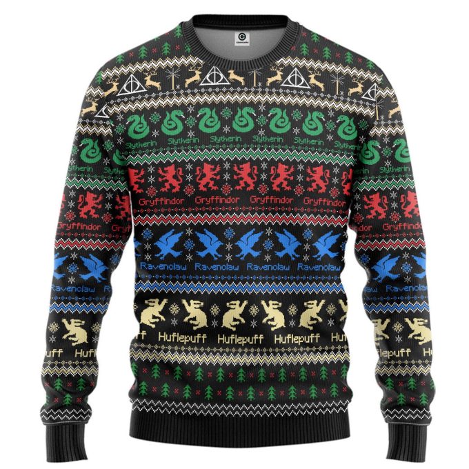 Harry Potter The Movie Hogwarts House Crest Holiday Ugly Christmas Custom Ugly Sweater