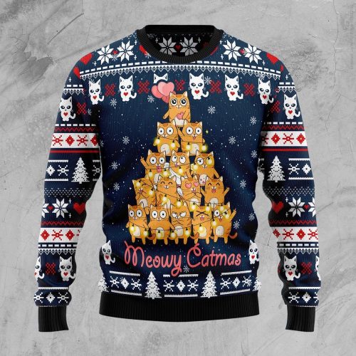 Meowy Catmas Ugly Christmas Sweater – Hilarious Family Holiday Gift for Ugly Christmas Sweater Party