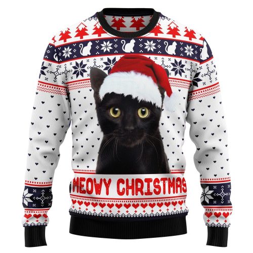 Meowy Christmas Graphic Sweater – Ugly Christmas Sweater Festive Cat Themed Holiday Apparel