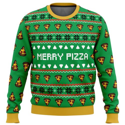 Merry Pizza Ugly Christmas Sweater: Festive and Fun Holiday Apparel with Delicious Slice Design