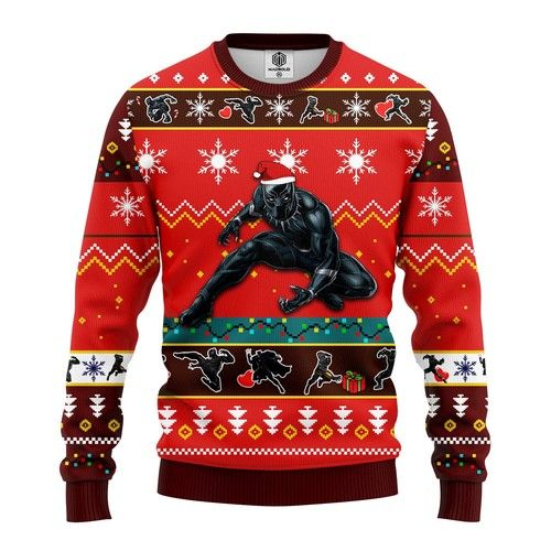 2022 MV Christmas Ugly Sweater: Black Panther Pose Pattern Red Sweater