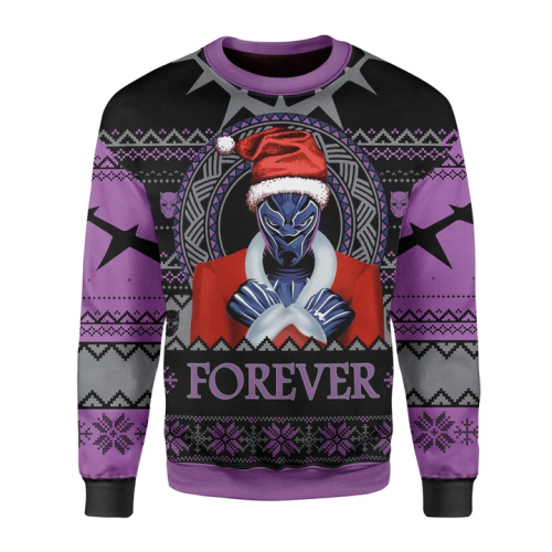 Stylish MV Christmas Ugly Sweater 2022 – Black Panther Santa Wakanda Forever Design in Black Purple