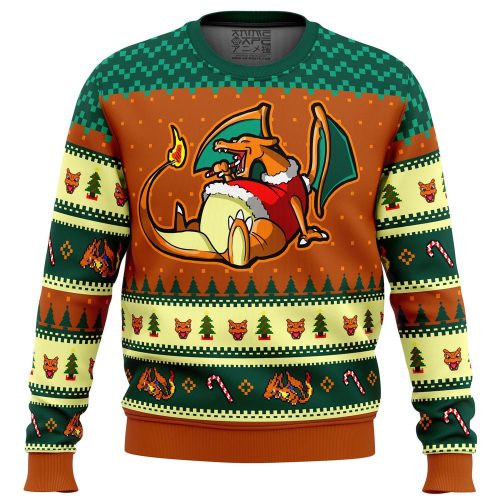 Catch the Festive Spirit with Pokemon Charizard Ugly Christmas Sweater – Candy Cane Design