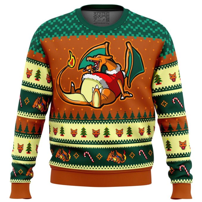 Catch the Festive Spirit with Pokemon Charizard Ugly Christmas Sweater – Candy Cane Design