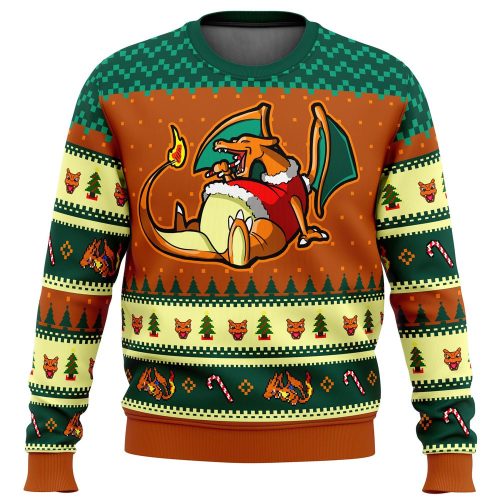 Get Festive with Pokemon Charizard Ugly Christmas Sweater - Candycane Edition!