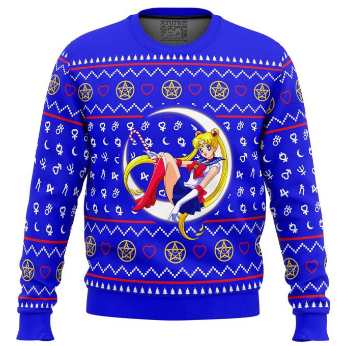 Sailor Moon Ugly Christmas Sweater: Adorable Moon-Sitting Design for Festive Fashion
