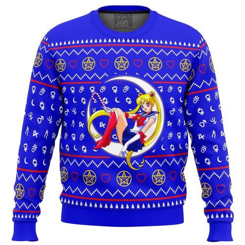 Sailor Moon Ugly Christmas Sweater: Adorable Moon-Sitting Design for Festive Fashion
