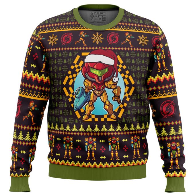 Get Festive with the Santa Samus Aran Metroid Ugly Christmas Sweater – Perfect Holiday Attire!