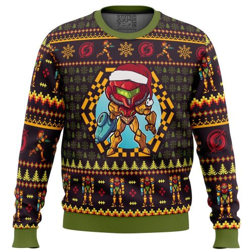 Santa Samus Aran Metroid Ugly Christmas Sweater: Festive Gaming Apparel for Fans