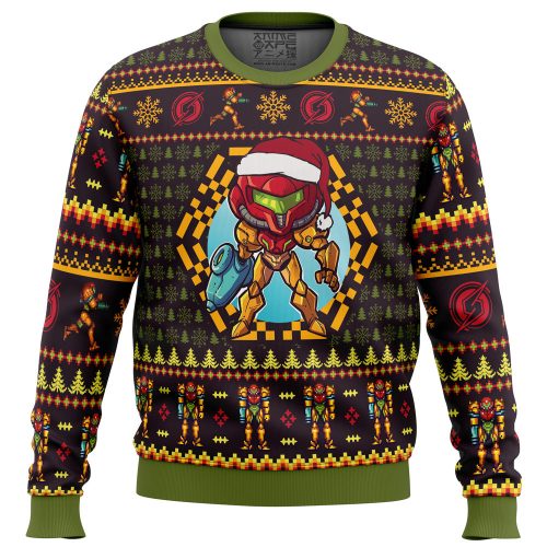 Get Festive with the Santa Samus Aran Metroid Ugly Christmas Sweater - Perfect Holiday Attire!