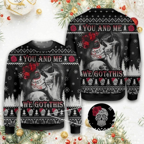 Skull Couple Ugly Christmas Sweater – You and Me We Got It! Festive Holiday Apparel