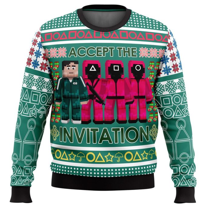 Squid Game Invitation Ugly Christmas Sweater: Festive & Trendy Attire for Holiday Parties!