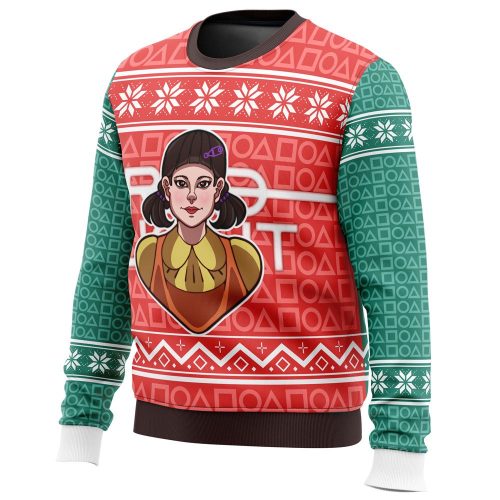 Playful Squid Game Red Light Green Light Ugly Christmas Sweater: Doll Design