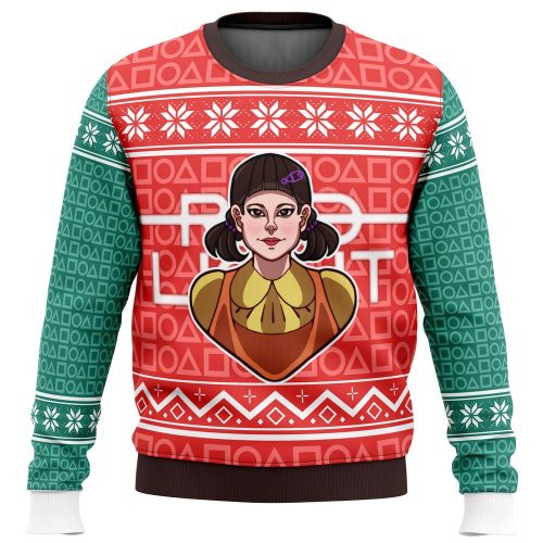 Playful Squid Game Red Light Green Light Ugly Christmas Sweater: Doll Design
