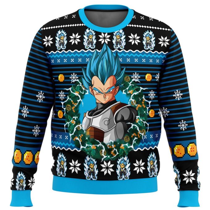 Get Festive with Super Saiyan Blue Vegeta Ugly Christmas Sweater – Limited Edition!