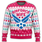 2022 Air Force Wife Christmas Sweater: Unifinz Veteran Sweater with Ugly Sweater Pattern in White Pink