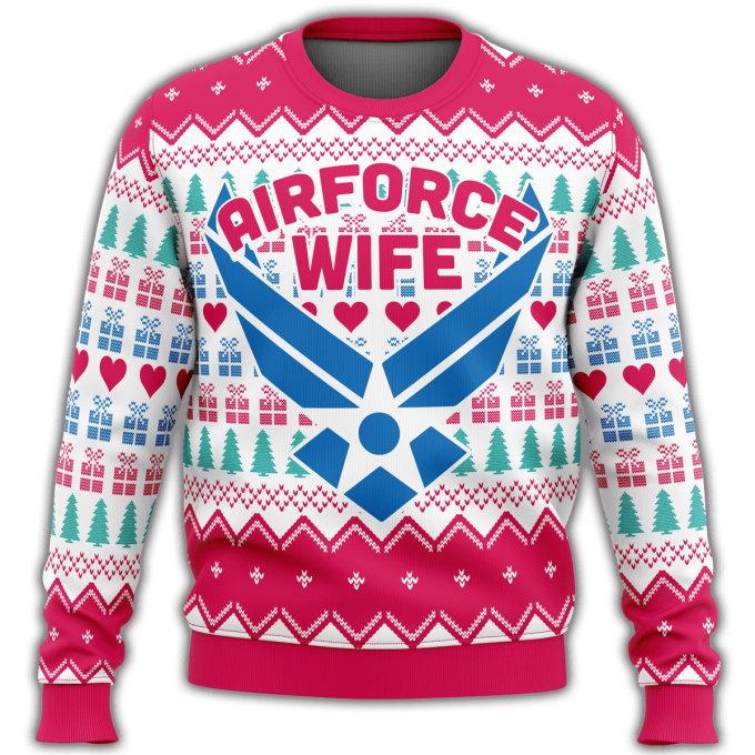2022 Air Force Wife Christmas Sweater: Unifinz Veteran Sweater with Ugly Sweater Pattern in White Pink