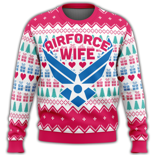 2022 Air Force Wife Christmas Sweater: Unifinz Veteran Sweater with Ugly Sweater Pattern in White Pink