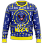 2022 Unifinz Veteran Sweater: US Navy Anchor Pattern in Blue & Yellow – Perfect Ugly Christmas Sweater for Veterans
