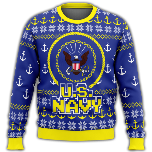 2022 Unifinz Veteran Sweater: US Navy Anchor Pattern in Blue & Yellow – Perfect Ugly Christmas Sweater for Veterans
