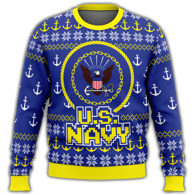 2022 Unifinz Veteran Sweater: US Navy Anchor Pattern in Blue & Yellow – Perfect Ugly Christmas Sweater for Veterans