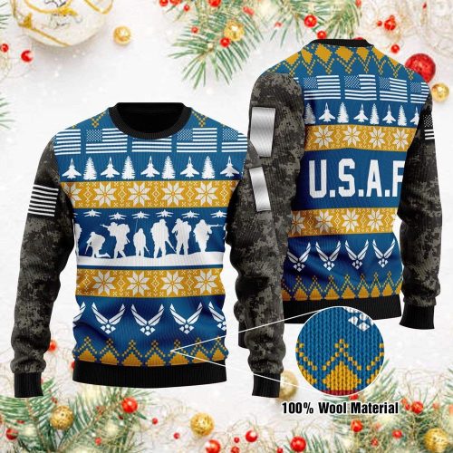 US Air Force Veteran Christmas Sweater: Grey Blue Soldier Ugly Sweater