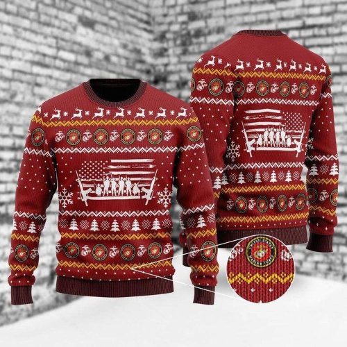 USMC Veteran Christmas Sweater: Red Ugly Sweater for Marine Corps Soldiers