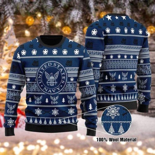 Shop the Festive Navy Stars Christmas Sweater - Perfect for Veterans! Ugly Sweater Blue Pattern