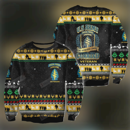 Special Forces Airborne Veteran Sweater: Festive Black Ugly Sweater with Christmas Pattern - US Army