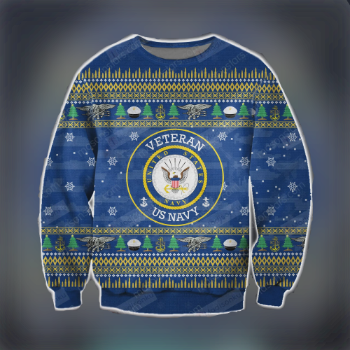 U S Navy Veteran Sweater: Christmas Blue Ugly Sweater with Veteran Pattern