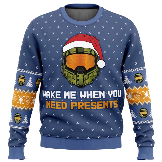 Get Festive with the Wake Me When You Need Presents Halo Ugly Christmas Sweater