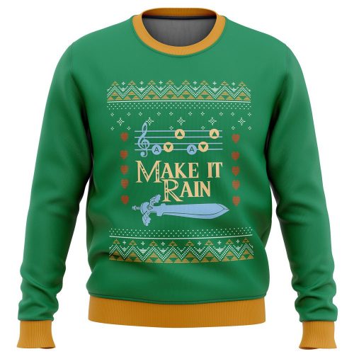 Get Festive with Zelda Make it Rain Ugly Christmas Sweater – Perfect for Gaming Fans!