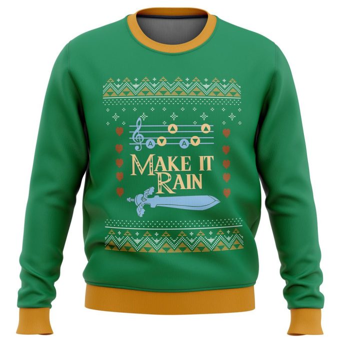 Get Festive with Zelda Make it Rain Ugly Christmas Sweater – Perfect for Gaming Fans!