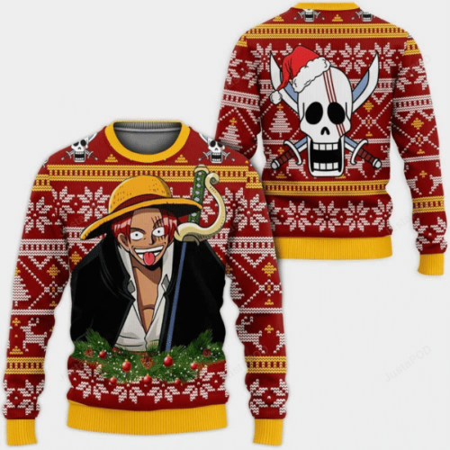 Get Festive with One Piece Anime Red Hair Shanks Ugly Sweater – Perfect Gift for Fans!