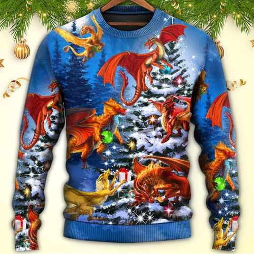 Christmas Dragon Family In Love Light Art Style Ugly Christmas Sweater
