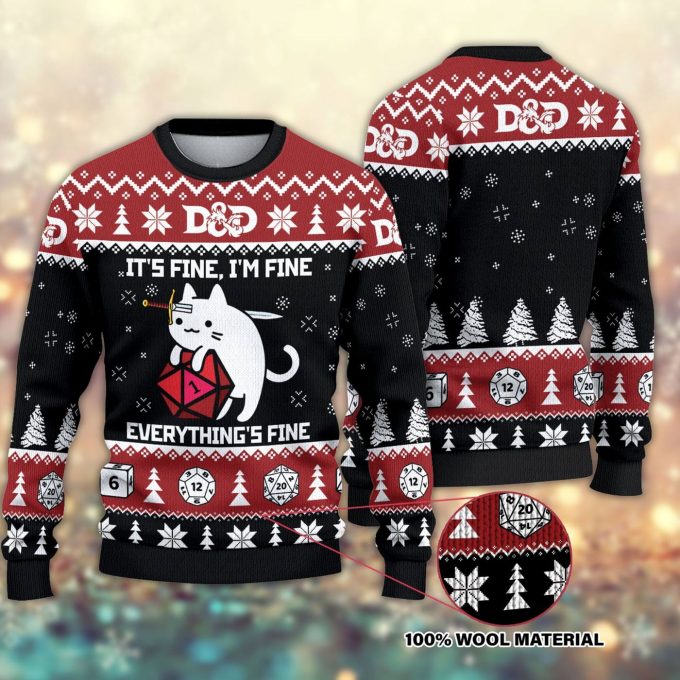 D&D Dragon Woolen Sweater, Funny Cat It’s Fine Everything Fine Ugly Christmas Sweater, Christmas Sweater, Ugly Xmas Sweater