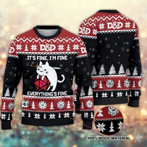 D&D Dragon Woolen Sweater, Funny Cat It’s Fine Everything Fine Ugly Christmas Sweater, Christmas Sweater, Ugly Xmas Sweater