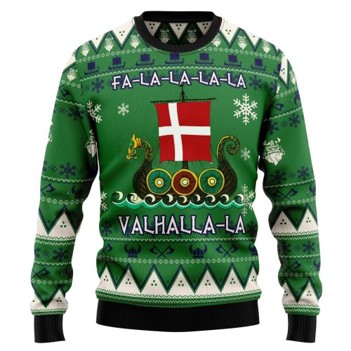 Denmark Viking Ugly Christmas Sweater Dragon Boat Fa La La La Valhalla Sweater