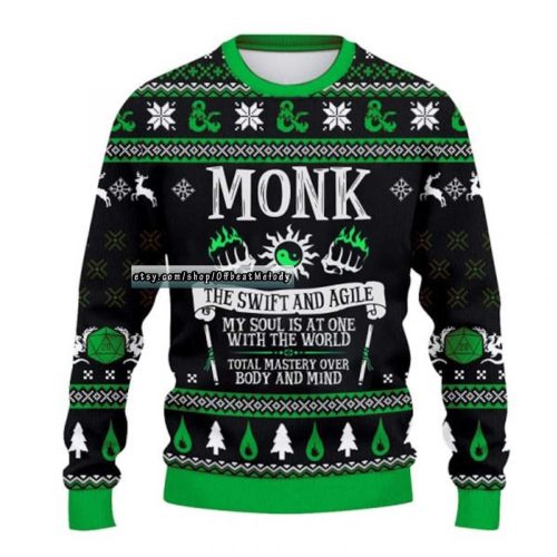 DnD Classes Collection Christmas Ugly Sweater, DnD Class Christmas Ugly Sweater Over Print, Dungeons and Dragons Ugly Christmas Sweater