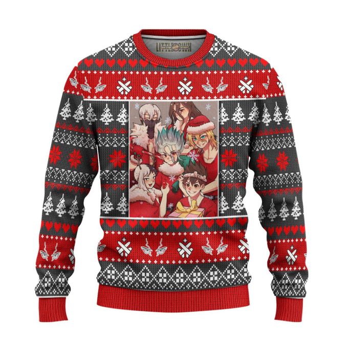 Get Festive with the Dr Stone Anime Ugly Christmas Sweater – All Over Print Sweatshirt!