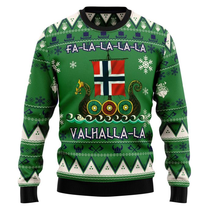 Norway Viking Ugly Christmas Sweater Dragon Boat Fa La La La La Valhalla Sweater