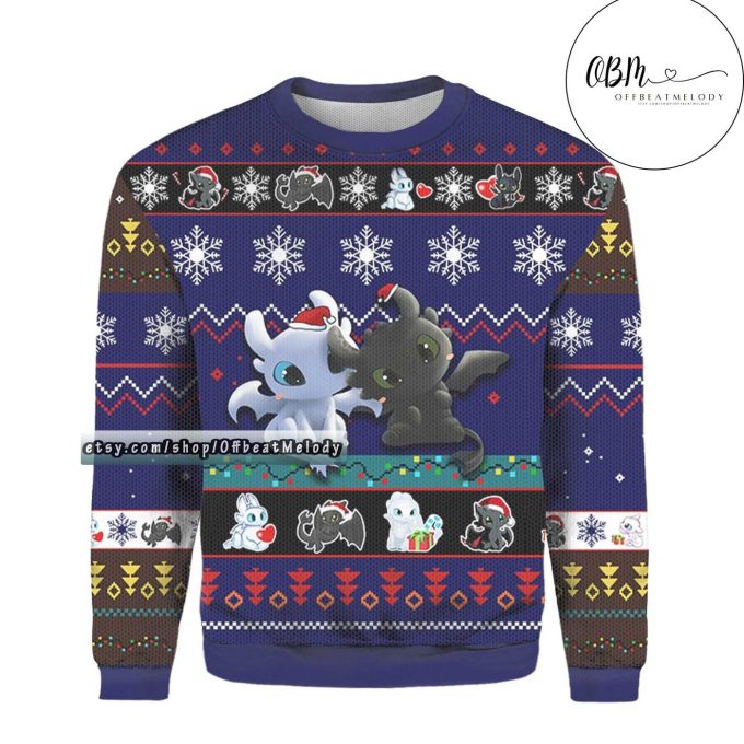 Toothless And Light Fury From How To Train Your Dragon Christmas Ugly Sweater, How To Train Your Dragon Fans Ugly Sweater 3D All Over Print