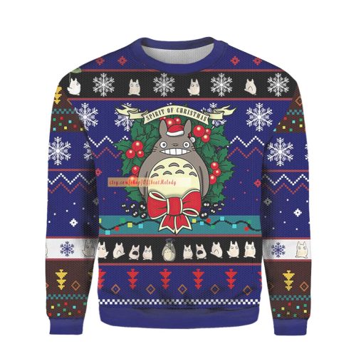 Totoro Ugly Christmas Sweater: Cute Santa Anime Besties Design Over Print