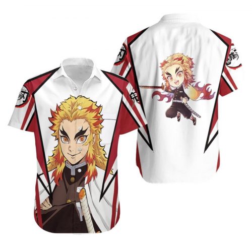 2024 Demon Slayer Rengoku Kyojuro Chibi Hawaiian Shirt - Red & White Aloha