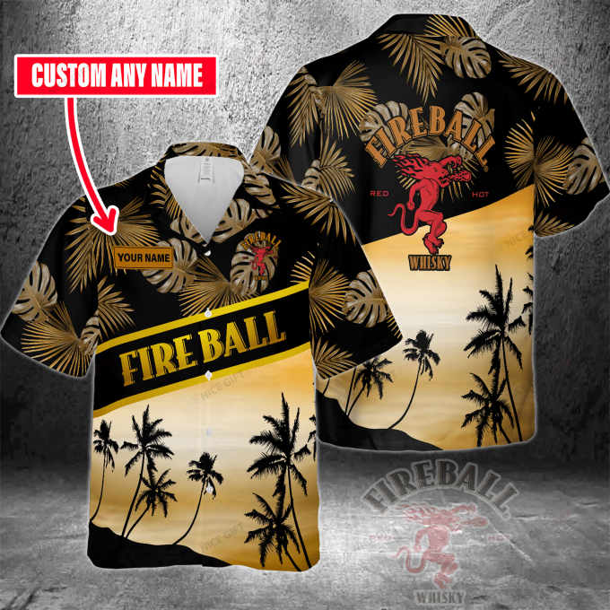 Fireball Cinnamon Whisky Custom Name 3D Button 3D Button Hawaiian Shirt Gift for Men Dad Father Gift for Men Dad Father 3HS-N6L0